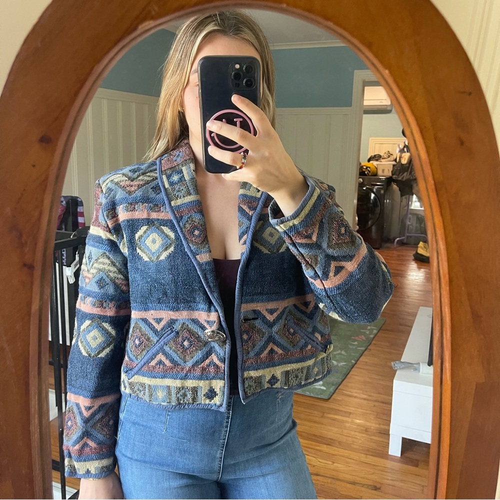 Geometric Patterned Blazer in Blue and Orange